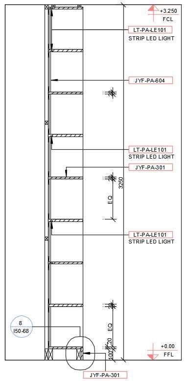 Shelf detail drawing presented in this cad drawing file. Download this 2d AutoCAD drawing file. - Cadbull Shelf Detail Drawing, Elevation Detail Drawing, Shelf Detail, 2d Autocad Drawing, Built In Wall Shelves, Led Shelf Lighting, Led Shelf, Tv Wall Shelves, Massage Room Design