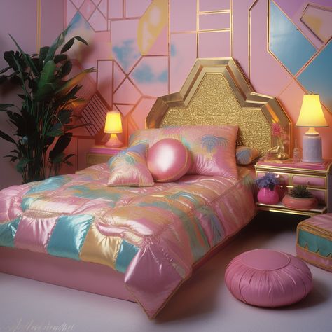 #1980sDecor #RetroBedroom #BrassAccents #PastelPalette #VintageInspiration 80s Glam Bedroom, 1980s Bedroom Aesthetic, 80s Aesthetic Bedroom, Disco Bedroom, 1980s Bedroom, 80's Bedroom, Miami Bedroom, Vintage Inspired Room, 80s Bedroom Aesthetic