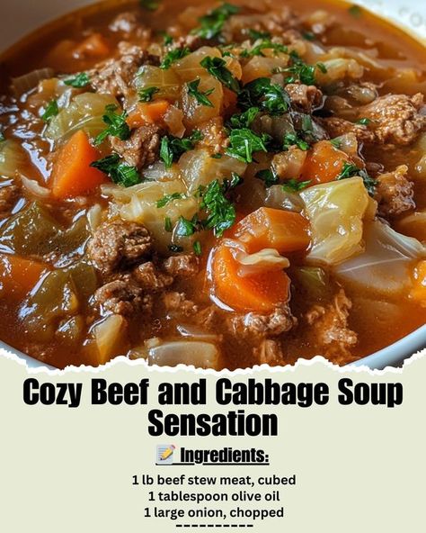 Time of Recipes | 🍲 Cozy Beef and Cabbage Soup Sensation - the ultimate comfort food | Facebook Cabbage Beef Soup Allrecipes, Cabbage Soup With Ground Beef, Beef And Cabbage Soup, Beef Cabbage Soup, Homemade Vegetable Beef Soup, Soup Lovers, Cabbage Stew, Ground Beef And Cabbage, Soup With Ground Beef