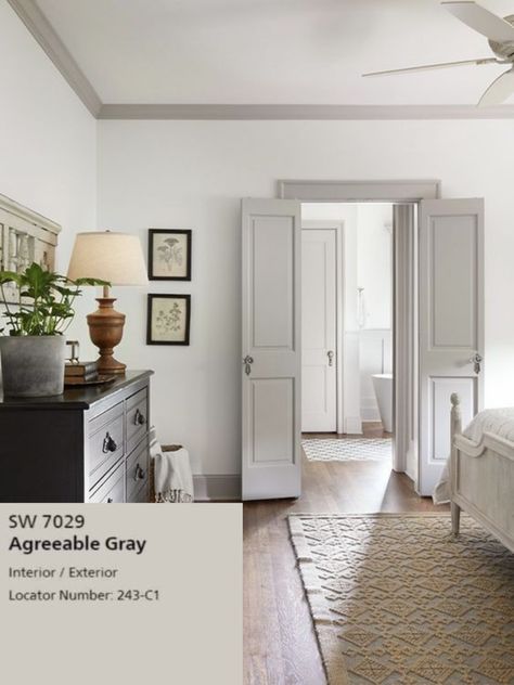 White Walls Darker Trim, Light Walls Darker Trim, Interior Door Colors, Shade Of Gray, Dark Trim, White Molding, Craftsman Interior, House Color Palettes, Design Page