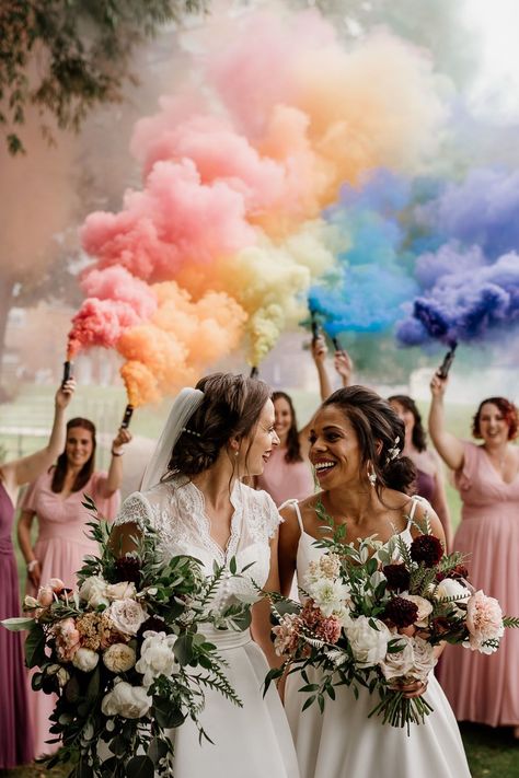 Smoke bomb portrait at Lesbian wedding with two brides holding oversized white and burgundy bouquets Rainbow Lesbian Wedding, Lesbian Boho Wedding, Wedding Photos Lesbian, Lesbian Wedding Ideas Decor, Wedding Lesbian Ideas, Hippy Wedding, Lesbian Wedding Photography, Wlw Wedding, Queer Weddings