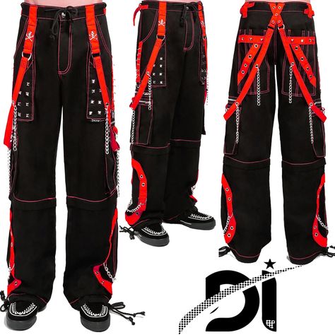 Unisex Gothic Red Threads & Strips Pant/Short Black Punk Buckle Zips Chain Strap Punk Electro Trousers with understated Gothic Pants Red Black Outfit, Punk Trousers, Cyberpunk Pants, Reflective Pants, Chain Pants, Tripp Pants, Red And Black Outfits, Thick Pants, Black Outfit Men