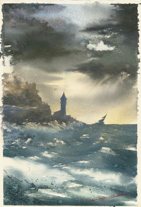 storm by jGospodarek.deviantart.com on @deviantART Sea Storm, Sea Illustration, Watercolor Architecture, New Paper, Landscape Drawings, Pen And Watercolor, Watercolor Techniques, Watercolor Animals, Learn To Paint