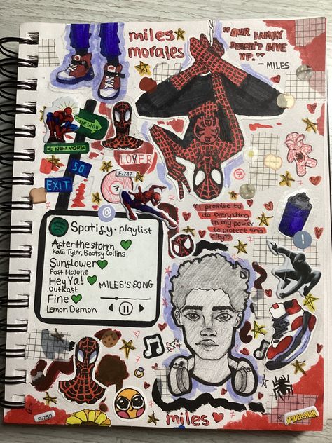 Miles Notebook, Spiderman Drawing Miles Morales, Spider Man Sketchbook Page, Miles Morales Sketchbook Pages, Miles Morales Spiderman Sketch, Spiderman Journal Page, Spiderman Sketchbook Page, Drawing Miles Morales, Miles Morales Drawing Sketches