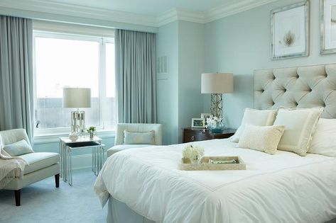 Gray and Blue Bedroom with Hidden Curtain Rods - Transitional - Bedroom Beige And Gray Bedroom, Gray And Blue Bedroom, Benjamin Moore Wickham Gray, Powder Blue Bedroom, Beige And Grey Bedroom, Wickham Gray, Gray Tufted Headboard, Light Blue Bedroom, Gray Bedroom Walls