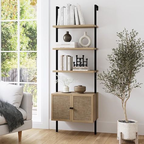 Amazon.com: Nathan James Theo Ladder 3 tier Open Bookshelf with Rattan Drawers and Matte Steel Frame, Light Oak/Black : Home & Kitchen Rattan Bookshelf, James Theo, Entrance Idea, Rattan Drawers, Open Bookshelf, Bookcase With Drawers, Nathan James, Ladder Storage, Industrial Bookcases