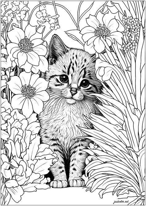 Cute cat behind flowers - 2 - - JustColor.net : Free adult printable coloring pages Cat Art With Flowers, Cat Paw Drawing, Paw Drawing, Cat Coloring Pages, Cat Coloring, Kitty Coloring, Detailed Coloring Pages, Coloring Page Ideas, Fall Coloring Pages