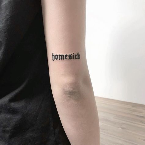 Gothic Writing Tattoo, Homesick Tattoo, A Day To Remember Tattoo, Text Tattoo Arm, Murphy Tattoo, Typographic Tattoo, Remember Tattoo, Tattoo Queen, Small Colorful Tattoos