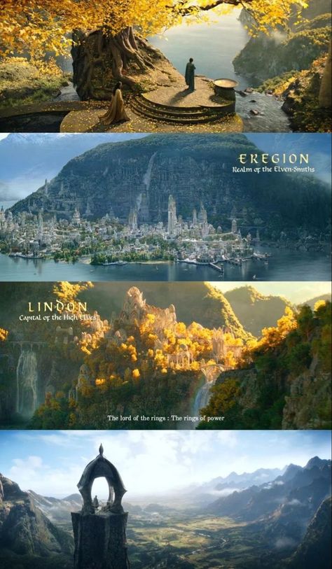 The Rings of Power. #theringsofpower #lotr #thelordoftherings #middleearth Ring Of Power Lotr, Lord Of The Rings Concept Art, Lord Of The Rings Rings Of Power, Rings Of Power Wallpaper, Lord Of The Rings Landscape, Elves Lord Of The Rings, Power Of The Rings, Elvish City, Rings Of Power Aesthetic