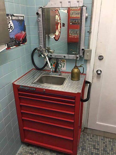 Shop Bathroom Ideas, Mechanic Shop Decor, Exterior Barndominium Ideas, Man Bathroom, Car Parts Decor, Garage Bathroom, Garage Furniture, Man Cave Bathroom, Automotive Shops