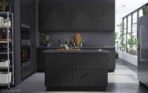 IKEA Kungsbacka 02 Ikea Askersund, Bar Lighting Ideas, Kitchen Shades, Black Kitchen Design, Spooky Kitchen, Matte Black Kitchen, Breakfast Bar Lighting, Beautiful Kitchen Cabinets, Range Top