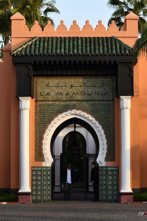 La Mamounia Hotel, La Mamounia Marrakech, Moroccan Restaurant, French Buildings, La Mamounia, Travel Sketchbook, Indian Architecture, Traditional Architecture, Facade Architecture