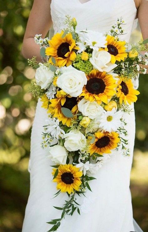 Country Sunflower Wedding ideas #wedding #weddingideas #rusticwedding #sunflowerweddings Cascading Bouquet Wedding, Bridal Bouquet Cascading, Bouquet Greenery, Bouquet Sunflower, Sunflower Bridal Bouquet, Ivory Bouquet, Cascading Bouquet, Sunflower Wedding Bouquet, Cascading Wedding Bouquets