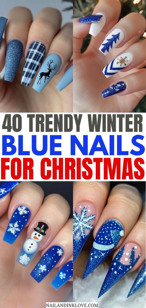 Blue Christmas nails, Christmas gel nails, pretty nail art designs, and snowflake nails for a festive winter look Blue And White Xmas Nails, Blue Xmas Nails Designs, Blue Christmas Nails Designs, Christmas Nail Designs Blue And Silver, Nail Art Winter Designs, Blue And Red Christmas Nails, Snowflake Nail Design Blue, Blue Snowflake Nail Design, Blue And White Nails Christmas