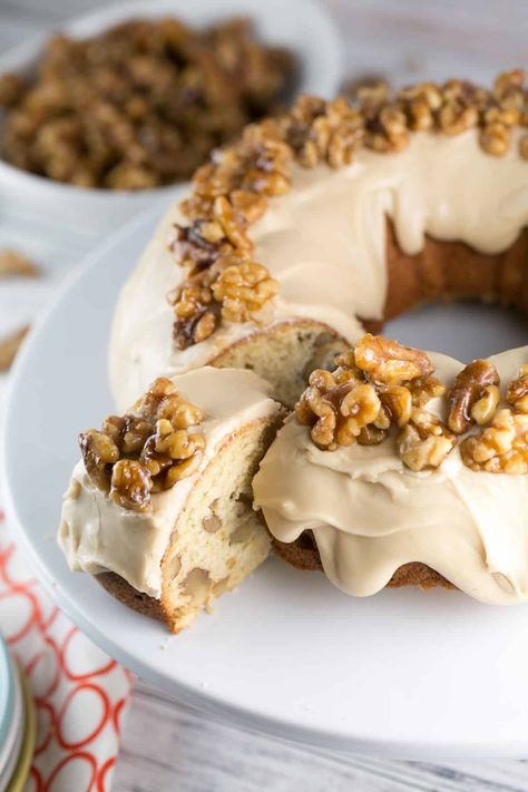 Maple Walnut Bundt Cake | Bunsen Burner Bakery Walnut Bundt Cake, Glazed Walnuts, Maple Frosting, Bunsen Burner, Buckwheat Cake, Bakery Cake, Fall Cakes, Maple Walnut, Bundt Cakes Recipes