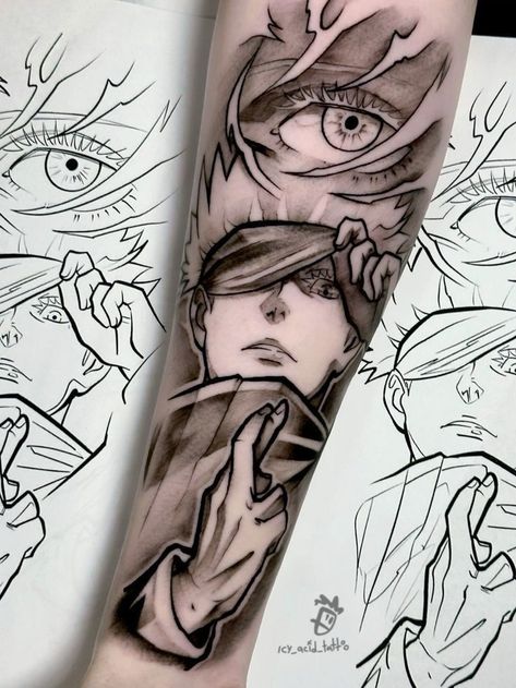 Cover Up Tattoo Drawings, Anime Tattoos Sleeve Ideas, Anime Tattoo Stencil Outline, Gojo Tattoo Ideas, Anime Tattoo Stencil, Anime Tattoo Ideas Manga, Jjk Tattoo Ideas, Anime Sleeve Tattoo, Anime Tattoos For Men