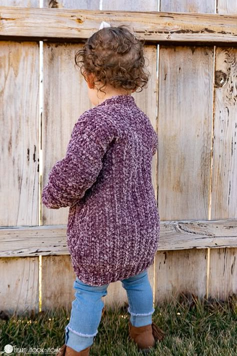 Velvet Cardigan Free Crochet Pattern for Little Kids Velour Crochet, Crochet Toddler Sweater, Crochet Baby Cardigan Free Pattern, Crochet Children, Knit Clothes, Toddler Cardigan, Kids Crochet Pattern, Crochet Baby Sweaters, Crochet Cardigan Pattern Free