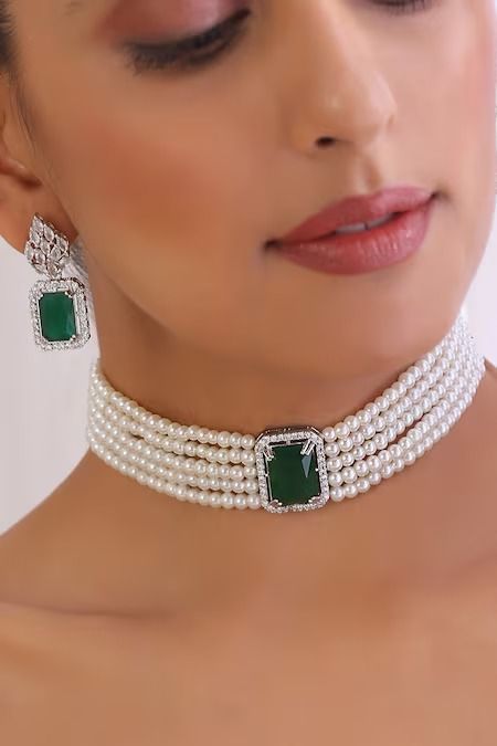 Buy Emerald Green Pearls And Stone Embellished Choker Necklace Set by SWABHIMANN Online at Aza Fashions. Diamond Necklace Designs, Choker Necklace Set, Green Pearls, Pakistani Bridal Dresses, Pakistani Bridal, Emerald Green, Necklace Designs, Online Jewelry, Aza Fashion