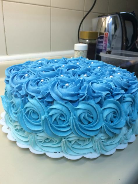 Rosette Cake Blue, Blue Rosette Cake, Ombre Rosette Cake, Rosette Cake Wedding, Cinderella Birthday Cake, Tiffany Themed Bridal Shower, 19th Birthday Cakes, 70th Birthday Cake, 13 Birthday Cake