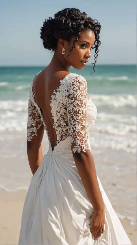 23 Beach Wedding Hairstyles: Chic Styles for Brides, Bridesmaids & Guests Hairstyle For Beach Vacation Black Women, Beach Wedding Hairstyles Black Women, Curly Updo Hairstyles For Black Women, Beach Wedding Hairstyles, Afro Wedding Hairstyles, Black Brides Hairstyles, Curly Bridal Hair, Hairstyles For Beach, Natural Wedding Hairstyles