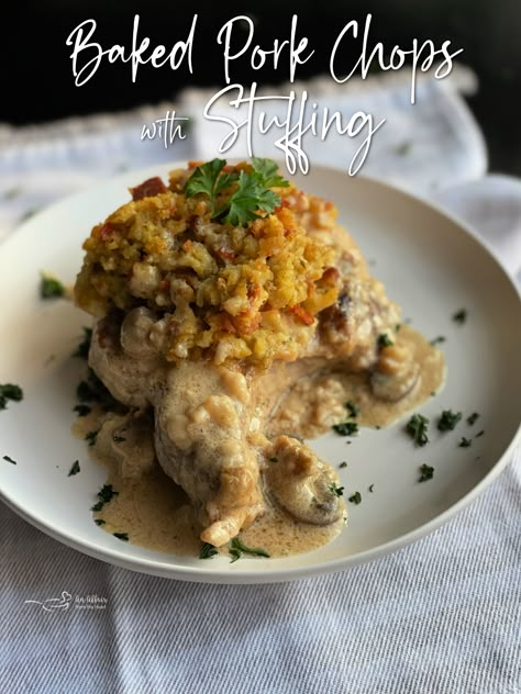 Baked Pork Chops With Stuffing, Pork Chops With Stuffing, Pork Chops And Stuffing, Mushroom Soup Pork Chops, Baked Stuffed Pork Chops, Creamy Mushroom Gravy, Oven Pork Chops, Thick Cut Pork Chops, Pork Steak Recipe