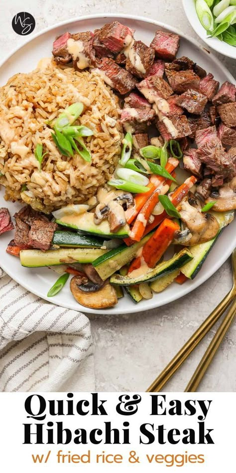 Our delicious Hibachi Steak recipe is packed with all the best flavor, just like the steak hibachi at your local hibachi restaurants! Option to serve this tender steak with hibachi vegetables, fried rice, and a homemade yum yum sauce. The perfect hibachi dinner that is made entirely on a Blackstone griddle! Hibachi Recipes Healthy, Asian Steak Dinner Ideas, Easy At Home Hibachi, Hibachi Style Steak, Crockpot Hibachi Steak, Dinner Ideas Blackstone Grill, Easy Blackstone Hibachi, Healthy Dinner Blackstone, Easy Hibachi Rice