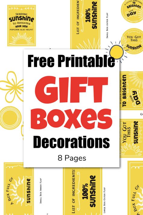 DIY Yellow Sunshine Gift Box Ideas {FREE PRINTABLES} Appreciation Box Ideas, Sunshine In A Bottle, Sunshine Gift Box Ideas, Sunshine Box Printable Free, Sunshine Gift Ideas, Care Package Printables Free, Yellow Sunshine Box Ideas, Free Sunshine Printable, Sunshine Box Ideas Care Packages