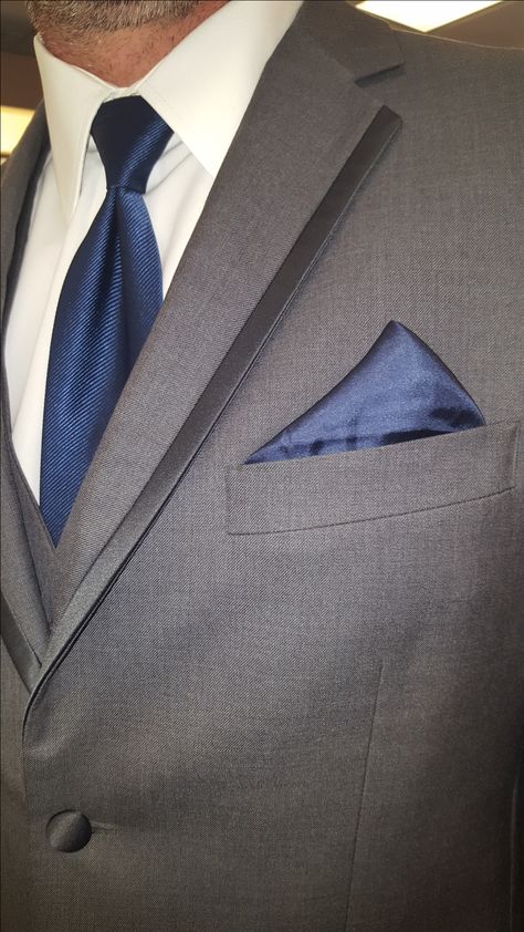 Grey Suit Blue Tie, Black Suit Black Shirt, Wedding Suits Men Grey, Grey Tux, Grey Wedding Theme, Royal Blue Tie, Blue Handkerchief, Bride Suit, Grey Suit Men