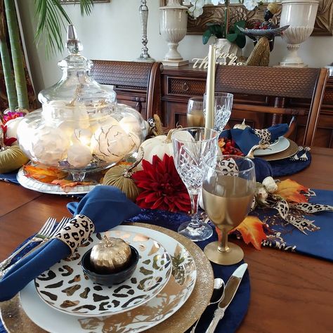 Fall tablescape for two. Rich Jewel tones in gold, indigo and red with a touch of leopard. Tablescape For Two, Leopard Tablescape, Fall Wedding Tablescapes, 2023 Thanksgiving, White Wash Brick Fireplace, Eclectic Table, Glam Dining Room, Glam Dining, Table Dressing