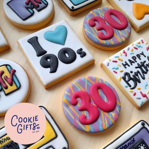 Celebrating a milestone birthday with these sugar cookies 90s Themed Cookies Decorated, 90s Decorated Cookies, 90s Sugar Cookies, 90s Cookies Decorated, 30th Cookies, 30th Birthday Sugar Cookies, 30 Birthday Cookies, 90s Cookies, 30th Birthday Cookies