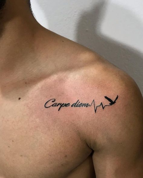 #Tattoos,carpe diem tattoo Tattoo Across Chest, Tattoo Carpe Diem, Tattoo Homme, Small Chest Tattoos, Simple Tattoos For Guys, Phrase Tattoos, Tattoo Lettering Styles, Tattoo Chest, New Tattoo Designs