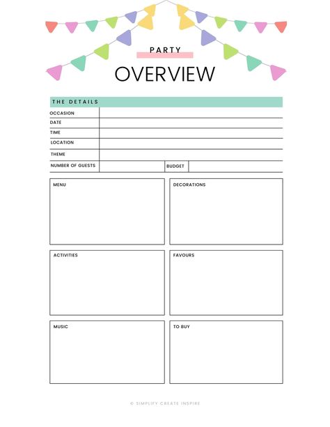 Plan your next party or event without the stress of forgetting something important with the ultimate party planning toolkit! This printable party planner will help you plan every detail from birthday party themes to menu, entertainment and music, guest list to the party day schedule and everything in between! Printable event planner. Party planner printables. Free Event Planner Printables, Event Planner Questionnaire For Clients, Family Event Planner Prinable Sheets, Event Planning Checklist Templates Party Planners, Free Printable Party Planner, Kids Birthday Party Planner, Kids Party Planner, Kids Party Planning, Party Planning Checklist