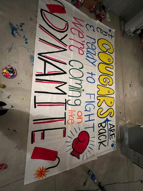 Decades Pep Rally Signs, Football Signs Cheerleaders, Runthrough Signs For Football, Volleyball Game Signs Student Section, Bust Out Signs Football, Freshman Signs Ideas, Cheer Comp Posters Ideas Signs, Fence Signs For Football Games, Homecoming Game Poster Ideas