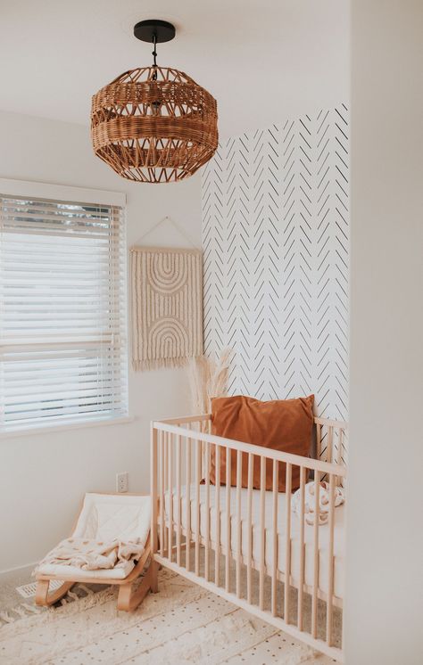 Herringbone Nursery, 2021 Interior Design Trends, Boho Rainbow Nursery, Boho Kids Room, Girls Room Wallpaper, Herringbone Wallpaper, Minimal Boho, Girl Nursery Room, Rainbow Nursery