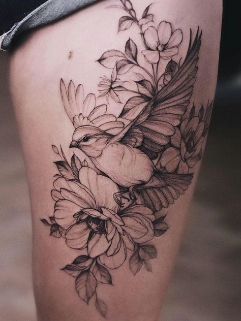 Diana Severinenko, Gold Tattoo Ink, Bird And Flower Tattoo, Bird Tattoo Sleeves, Bird With Flowers, Bird Tattoos For Women, Gold Tattoo, Floral Tattoo Sleeve, Bird Tattoo