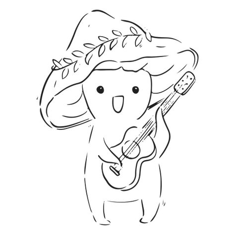 T Shirt Line Art, Mushroom Cute Art, Mushroom Person Drawing, Line Art Mushroom, Mushroom Line Drawing, Cute Mushroom Drawing, Guitar Line Art, Mushroom Line Art, Lineart Simple