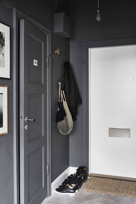 Dark Grey Hallway, Entryway Apartment, Decoration Hall, Grey Hallway, Tiny Studio Apartments, Color House, Entry Stairs, Hallway Inspiration, Neat Tricks