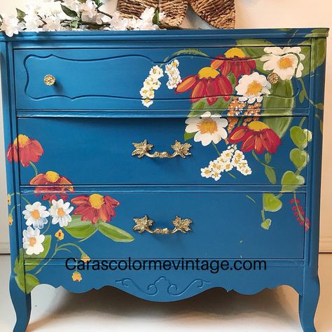 Myra, hand painted vintage dresser.  Floral whimsy to set your spirits on happy! Floral Painted Furniture, Hand Painted Dressers, Dallas City, Paint With Me, Deco Paint, An Unexpected Journey, Painted Dresser, Painted Chairs, Vintage Dressers