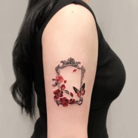 Mirror Tattoo, Mirror Tattoos, Framed Tattoo, Ribbon Tattoos, Tattoos Skull, Roses Red, Tattoo Designs For Men, Butterfly Tattoo Designs, Rose Tattoo Design