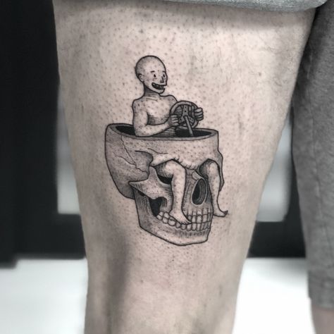 Surreal Skull Tattoo, Dark Surrealism Tattoo Design, Free Will Tattoo, Escapism Tattoo, Funny Skull Tattoo, Big Tattoo Ideas For Men, Weird Tattoos Creative, Absurdism Tattoo, Surreal Art Tattoo