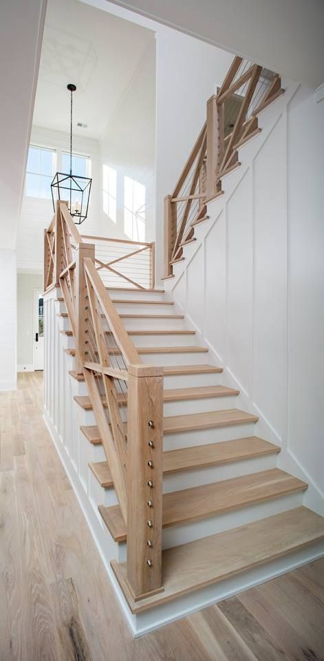 Custom Staircase in Charleston, SC- board and batten, cable railing, modern farmhouse, white oak floors Beachy Staircase, Stairs Railing Ideas, Cable Railing Interior, Farmhouse Staircase, Custom Staircase, Farmhouse Stairs, Stairs Railing, Stair Ideas, Modern Stair Railing