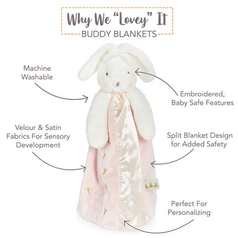 Soft and fluffy, our selection of Buddy blankets has attracted many loyal fans! The collection features a variety of characters, including plush floppy-eared bunnies, playful pups, sweet lambs, and even our newest additions, the woodland animal friends of Camp Cricket. Whether you’re shopping for baby blankets for your own child or a friend’s baby shower, you can’t go wrong with a Buddy blanket. Baby Name Reveal, Floppy Eared Bunny, Baby Blankie, Bunny Lovey, Bunny Blanket, Bunny Pink, Gifts For Expecting Parents, Blanket For Baby, Baby Security Blanket