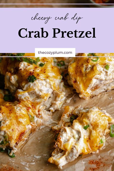 This homemade version of a staple Maryland appetizer, the Crab Pretzel, is a perfect addition for your next gathering. Jumbo, chewy homemade soft pretzels are topped with lump crab dip and melted cheddar cheese - and don't forget the Old Bay! Crab Dip Maryland, Crab Pretzel Recipe, Lump Crab Dip, Crab Pretzel, Fall Dessert Bar, Crab Melt, Crab Dishes, Lump Crab, Homemade Soft Pretzels