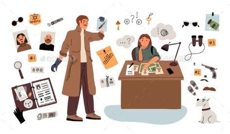 Detective Equipment Detective Equipment, Female Detective, Cartoon Man, Policeman, Male And Female, Graphic Design Art, Detective, Design Art, Photoshop