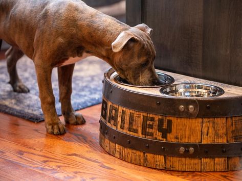 MotorCityBarrels - Etsy Whiskey Barrel Dog House, Elevated Dog Water Bowl, Whiskey Barrel Bar Ideas, Whiskey Room Ideas, Barrel Dog House, Unique Bar Ideas, Barrel Dog Bed, Whiskey Barrel Furniture, Barrel Projects