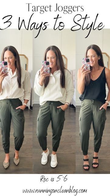 Green Khaki Joggers Outfit Women, Business Casual Outfits With Joggers, Sage Joggers Outfit, Cargo Joggers Outfits Women Work, Business Casual With Joggers, Outfits With Green Joggers, Business Joggers Outfit, How To Style Women’s Joggers, Joggers For Work For Women