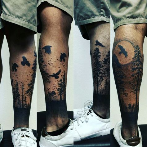 Forest tattoo. Leg (6.5 hour sesh) #tattoo #trees #birds #foresttattoo… Sesh Tattoo, Tattoo Trees, Tree Sleeve Tattoo, Tree Sleeve, Forest Tattoo, Tattoo Tree, Tattoo Leg, Landscape Tattoo, Forest Tattoos