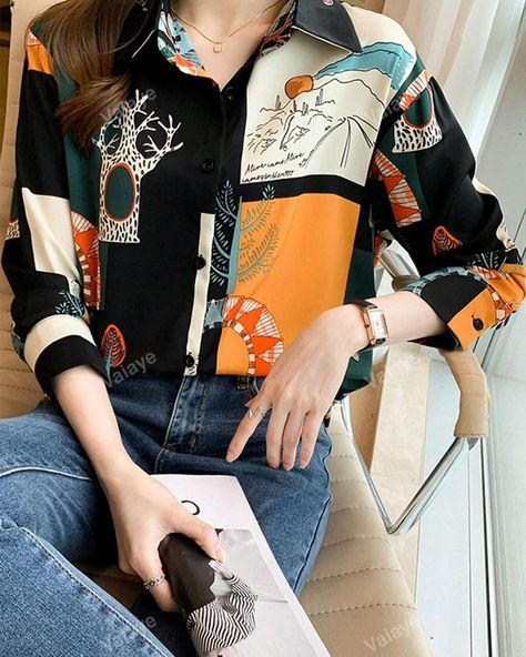 Printed Chiffon Blouse, Block Button, Shirt Elegant, Chiffon Shirt Blouse, Shirting Fabric, Long Sleeve Plaid Shirt, Womens Long Sleeve Shirts, Casual Tops For Women, Elegant Shirt