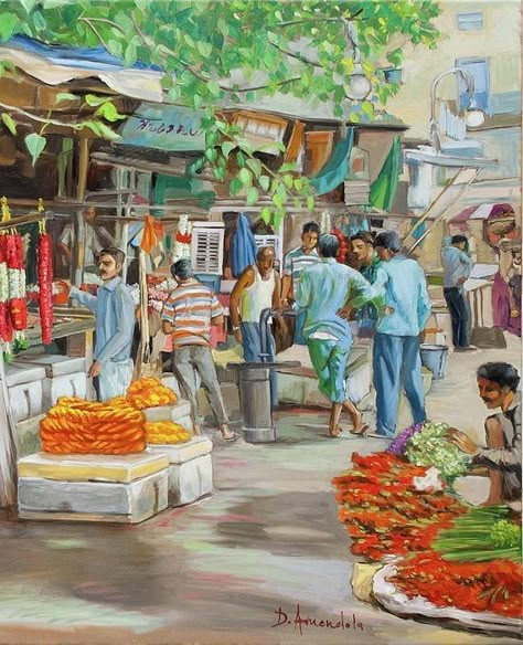 Village Market Scene Drawing, Market Scene Drawing Easy, Subject Drawing, Scene Composition, Port Town, Composition Drawing, Tea Illustration, Composition Painting, Watercolor Paintings Nature