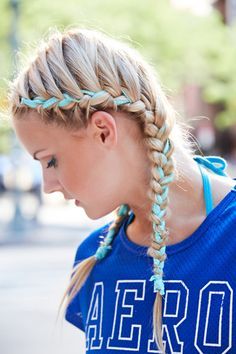 Game Day Hairstyle Ideas - Ribbon Braids Tutorial - Seventeen.com French Braids With Ribbon, Ribbon In Braided Hair, Ribbon French Braid, Braid Ribbon In Hair, Ribbon In Braids, Hair Braids With Ribbon, How To Braid Ribbon Into Hair, Ribbon In Braid, Braids With Ribbons In Them